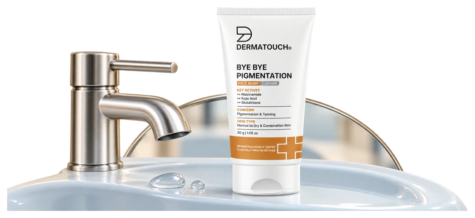 The actual Dermatouch face-wash tube on a curved porcelain sink rim beside a silver faucet.