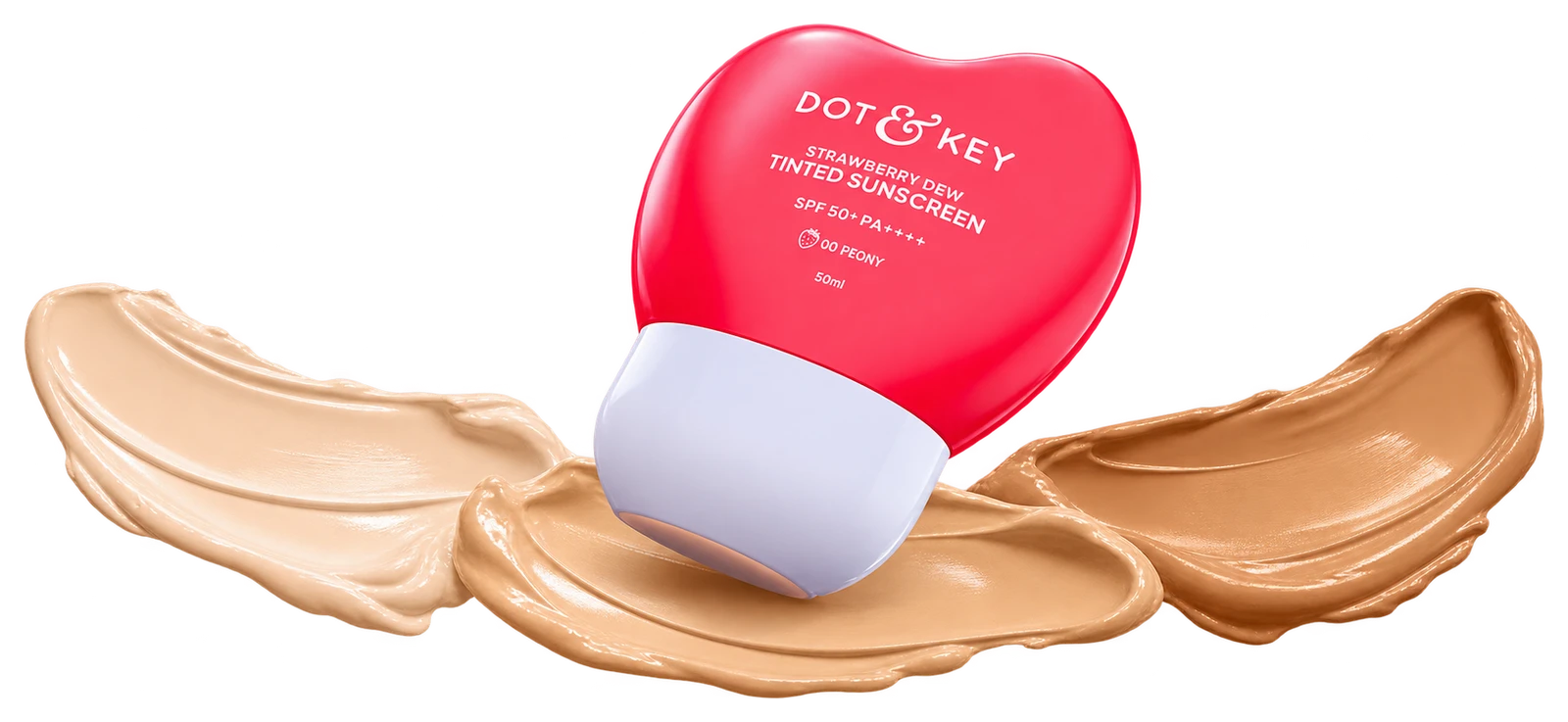 The actual pink Dot and Key tinted-sunscreen container above distinct beige cream swatches.