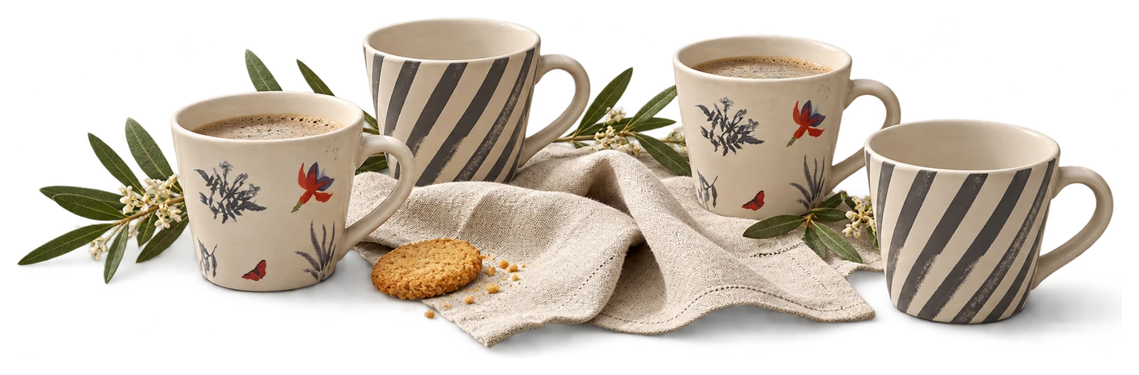 The actual patterned Nicobar cups with an open linen napkin and space for another place setting.