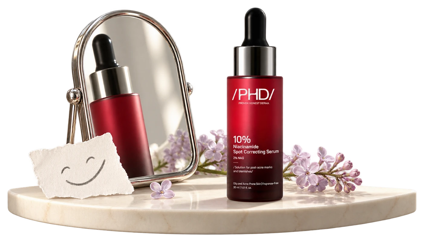 The actual red PHD serum bottle on a narrow bathroom shelf beside a standing mirror and a small pencil smile.