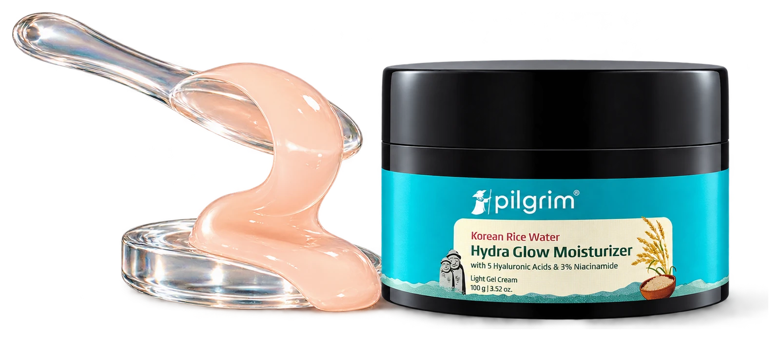The actual turquoise Hydra Glow jar beside a translucent pink gel ribbon on clear glass.