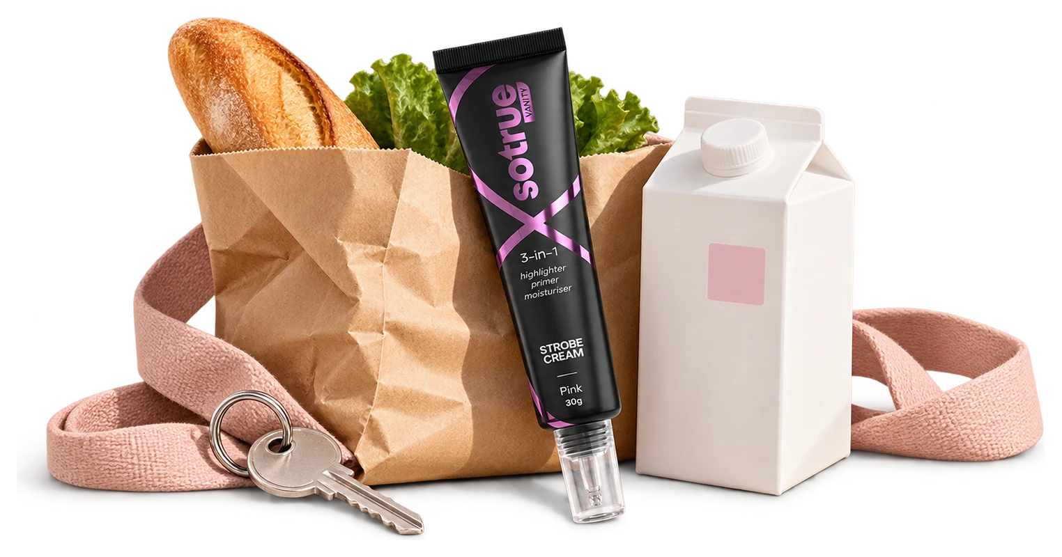 The actual Pink Strobe Cream tube beside an unbranded milk carton in an open kraft grocery bag.