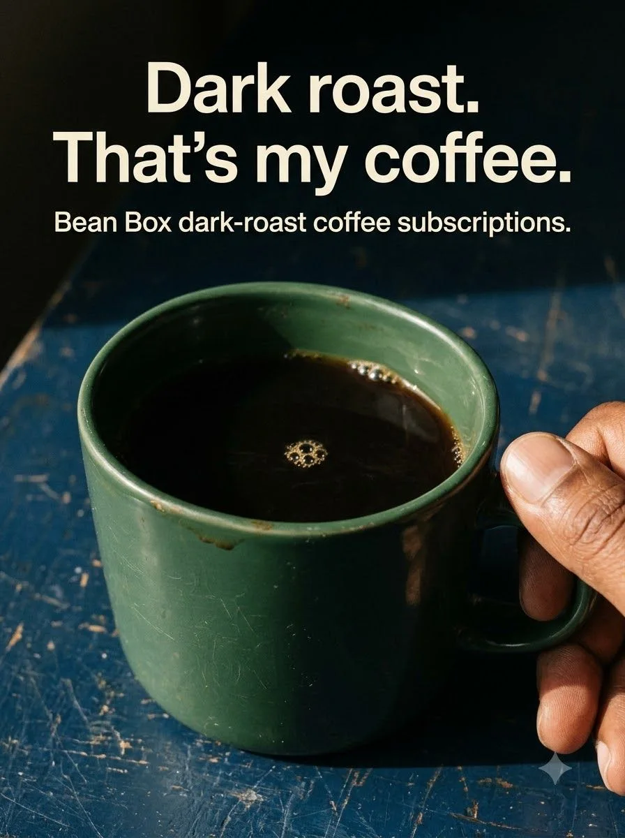 A green coffee mug beside the words Dark roast. That's my coffee.