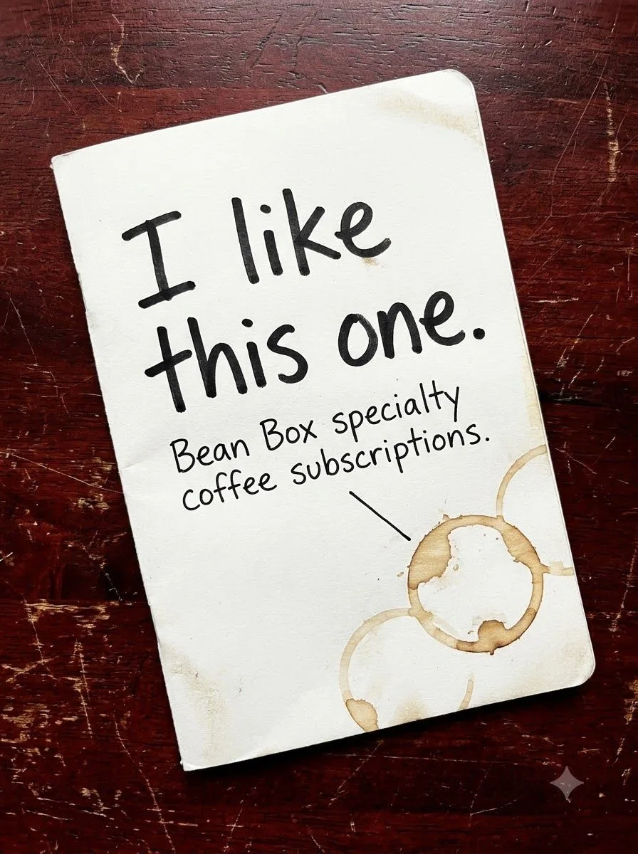 A coffee-stained notebook reading I like this one.