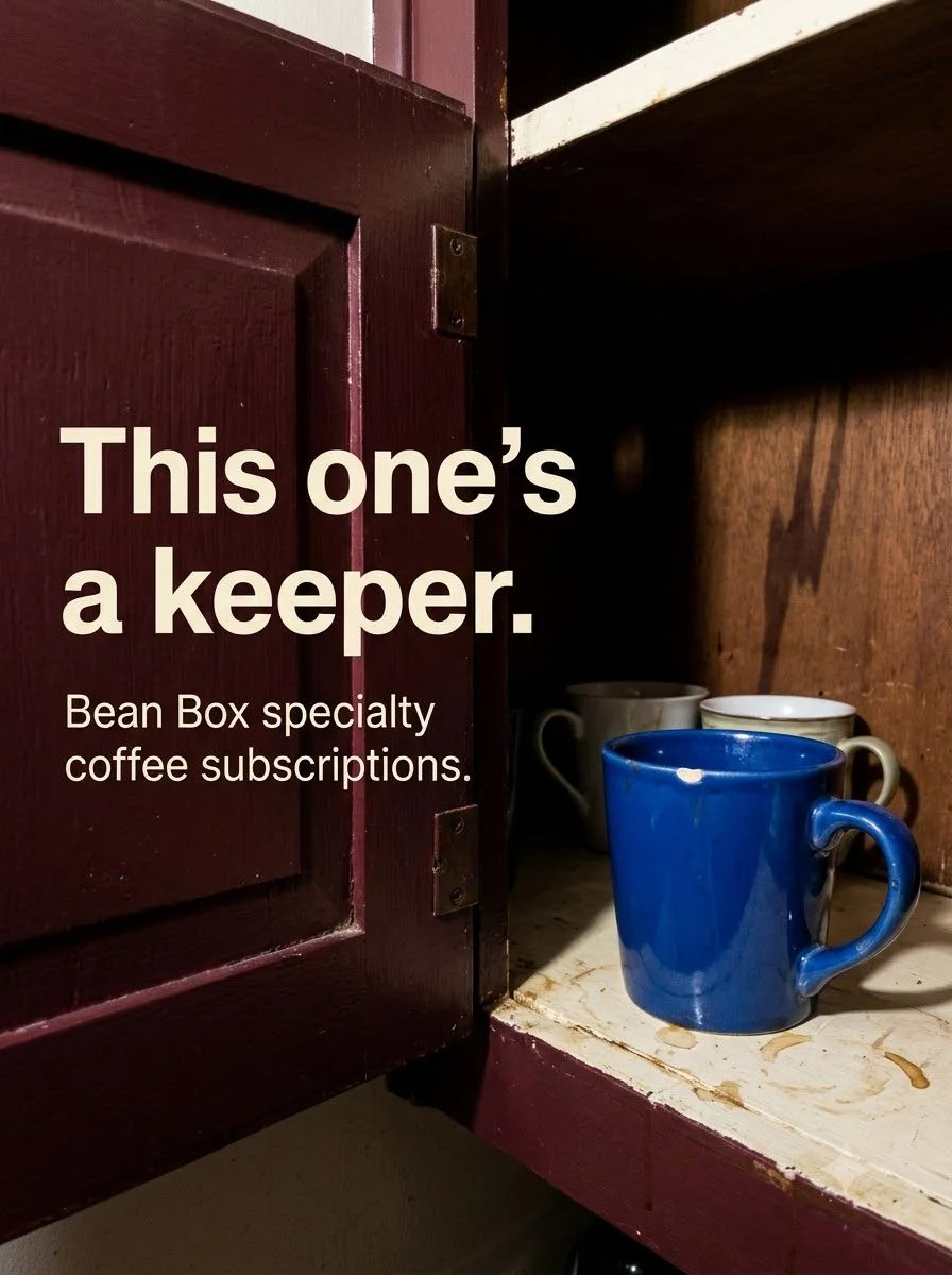 A blue coffee mug in a cupboard beside the words This one's a keeper.
