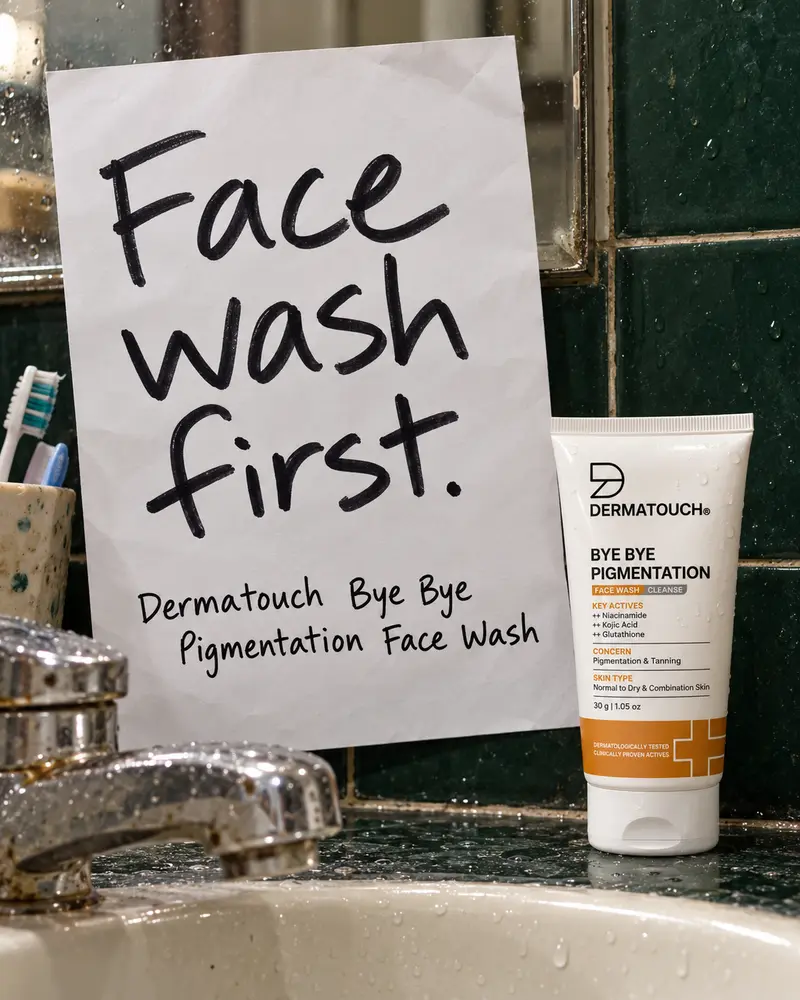 Face wash first. Reminder on the mirror. Made for Dermatouch.
