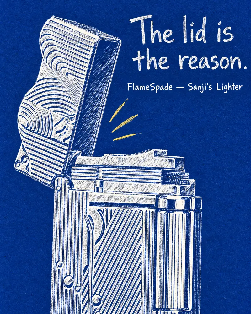 The lid is the reason. Study the mechanism. Made for FlameSpade.