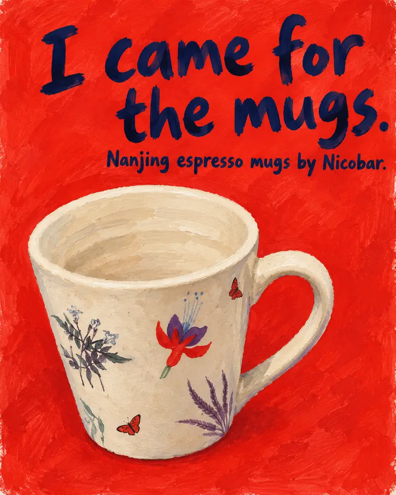 The coffee is an excuse. A painted botanical mug. Made for Nicobar.